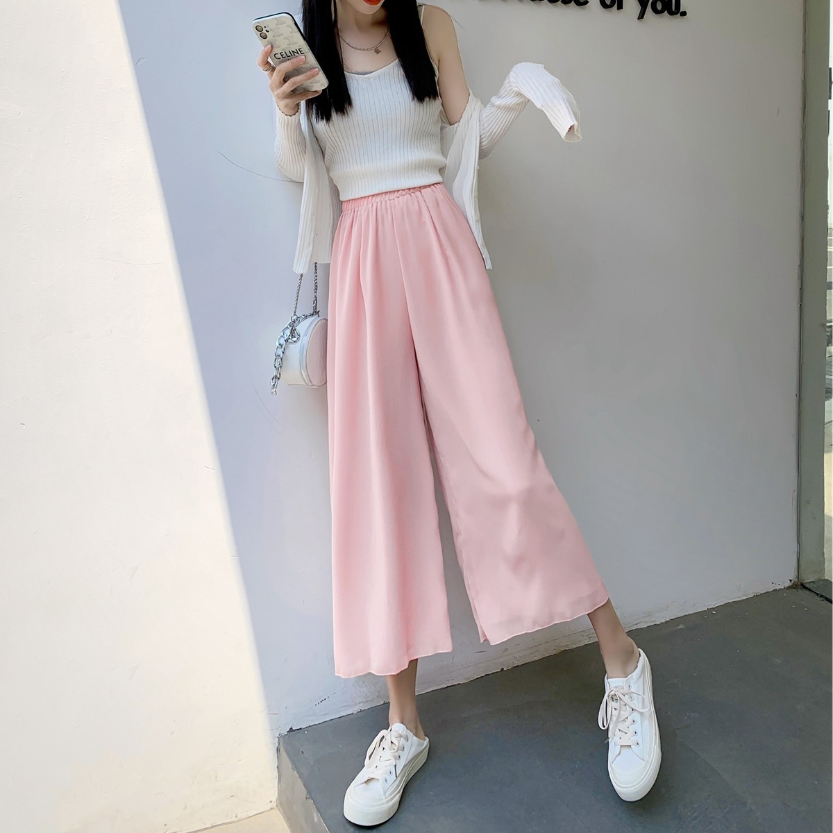 双层雪纺九分夏季垂感白色阔腿裤 梅莉娅休闲裤