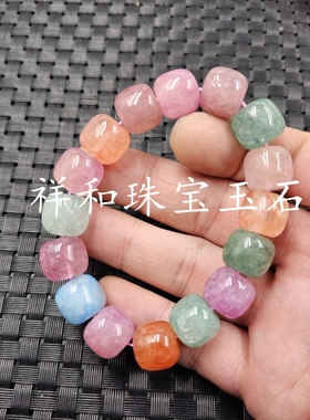 碧玺色石英岩玉老型珠玉石手链