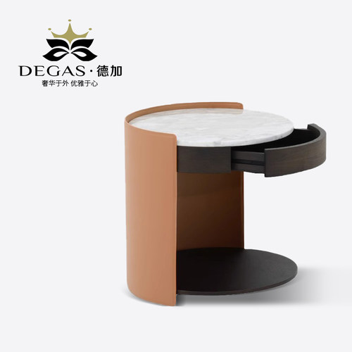 DEGAS床头柜北欧创意中古风圆形卧室家用扪马鞍皮大理石床头边桌 - 图3