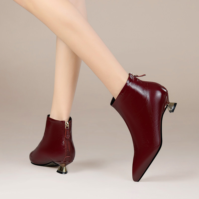 2025秋冬新款真皮尖头低跟短靴酒红色中跟及踝靴女靴小跟加绒靴子,淘宝优惠券,粉丝福利购,淘宝优惠卷