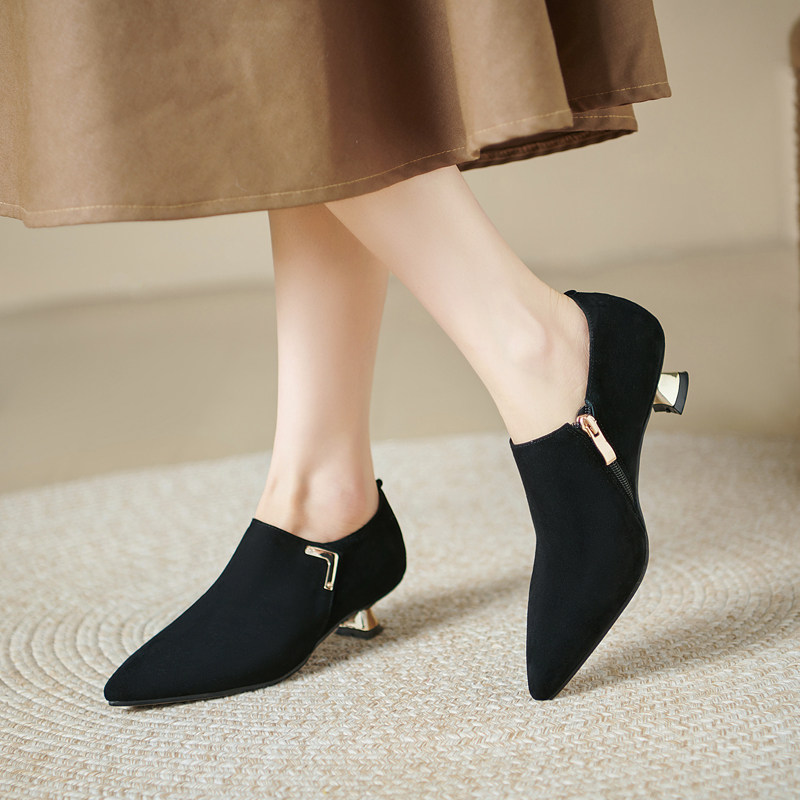 2025年春秋季新款真皮尖头低跟单鞋黑色猫跟深口鞋羊皮中跟女鞋子,淘宝优惠券,粉丝福利购,淘宝优惠卷