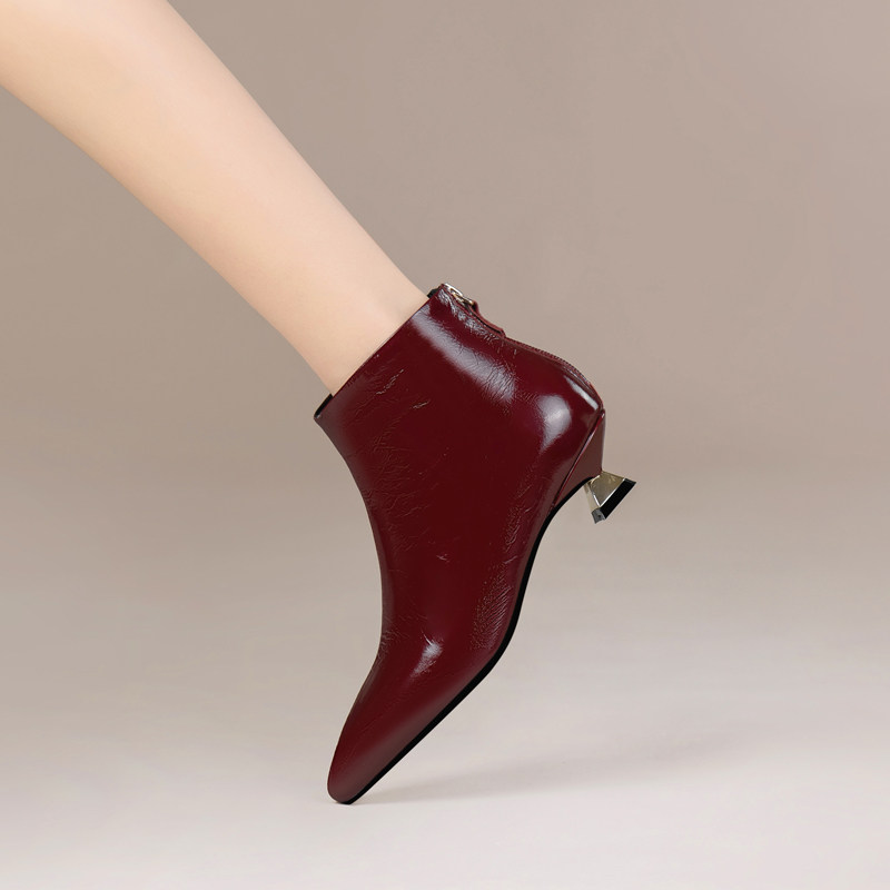 2025秋冬新款真皮尖头低跟短靴酒红色中跟及踝靴女靴小跟加绒靴子,淘宝优惠券,粉丝福利购,淘宝优惠卷