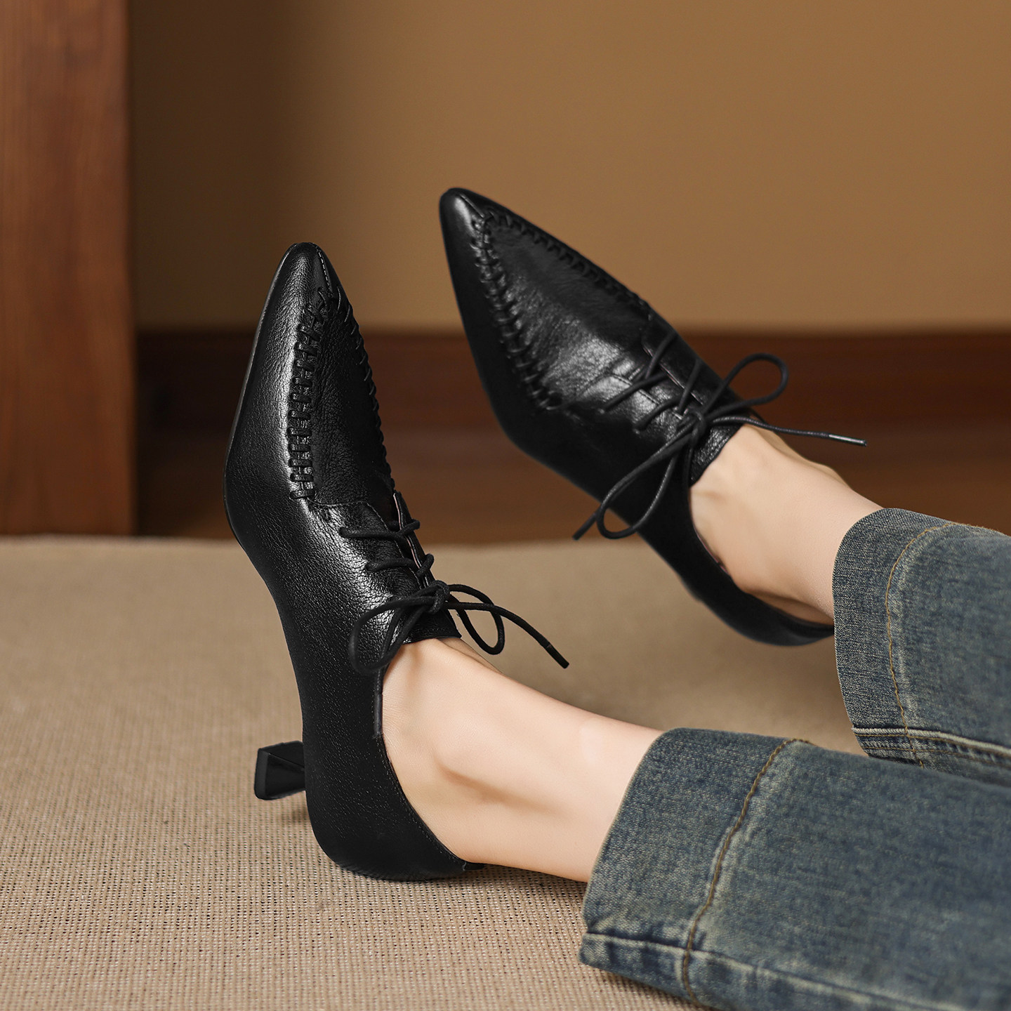 春秋季新款真皮英伦风尖头系带深口单鞋女细跟百搭通勤小皮鞋女鞋,淘宝优惠券,粉丝福利购,淘宝优惠卷