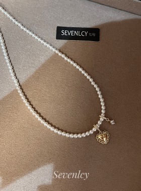 七与 新品【蕾丝心弦】法式温柔小众珍珠爱心闪锆项链女