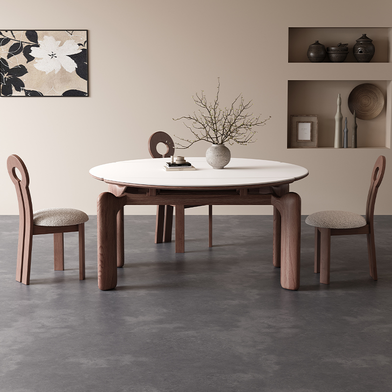 中古风方圆两用岩板餐桌椅可伸缩胡桃木色简约现代家用侘寂饭桌 - 图0