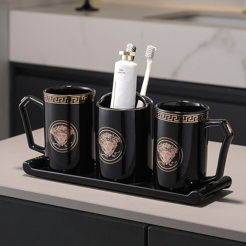 卫浴五件套欧式陶瓷牙刷杯带把手卫生间漱口杯带托盘新婚礼品 - 图1
