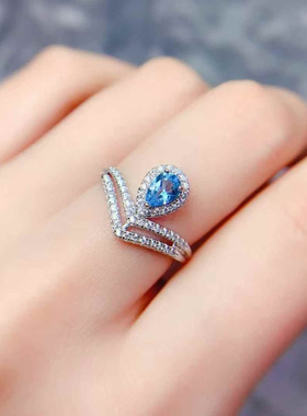 轻奢水滴皇冠瑞士蓝托帕石戒指s925纯银蓝色宝石指环日韩创意女士