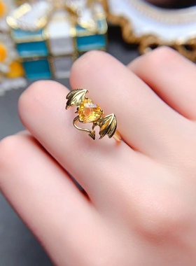 新品天然黄水晶戒指925银镶嵌女开口小恶魔指环女神节礼物送女友