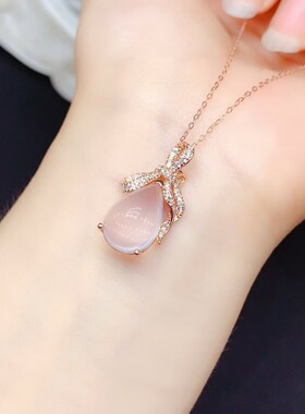 新款天然粉晶吊坠925银镶嵌女时尚轻奢饰品送女友新年礼物