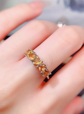 新品天然黄水金戒指925银镶嵌女开口排戒招财时尚饰品送女友礼物