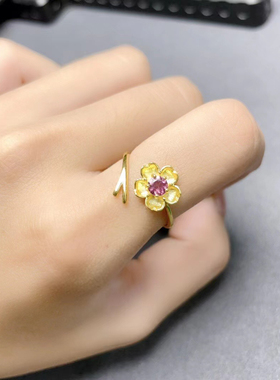 新款925纯银活口戒指镶天然石榴石女日韩时尚小花简约饰品指环