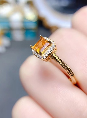 上新天然黄水晶小方糖戒指925银镶嵌轻奢小众高级设计情人节礼物