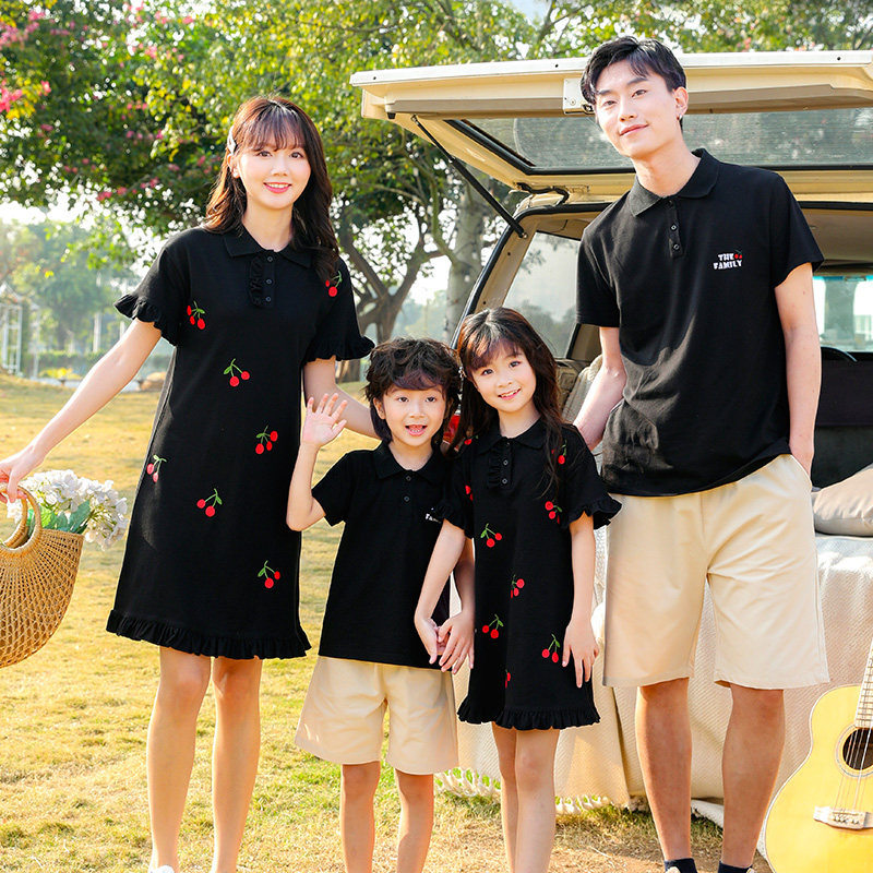 一家三口四口夏装2022新款polo裙 朵朵香母婴亲子装/亲子时装