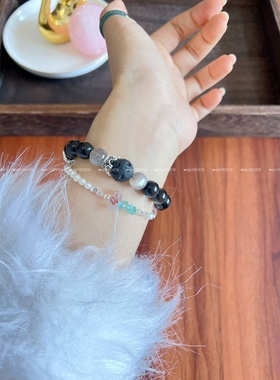 多加手作【黑暗荣耀】暗黑系黑曜石银耀石甜酷风水晶手链原创手饰