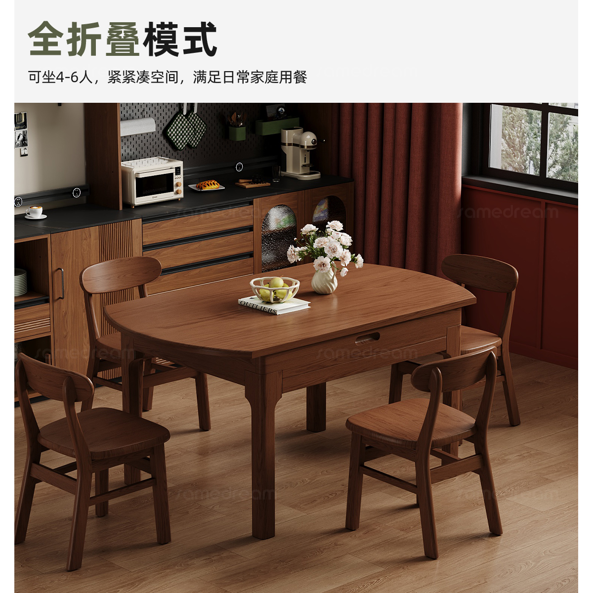 三梦家用折叠全实木圆餐桌小户型中古风餐桌可伸缩大圆桌吃饭桌子 - 图0