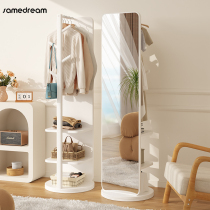 Solid wood full-body mirror floor mirror home bedroom rotatable mobile fitting mirror with hanging clothes hanger integrated wearing mirror