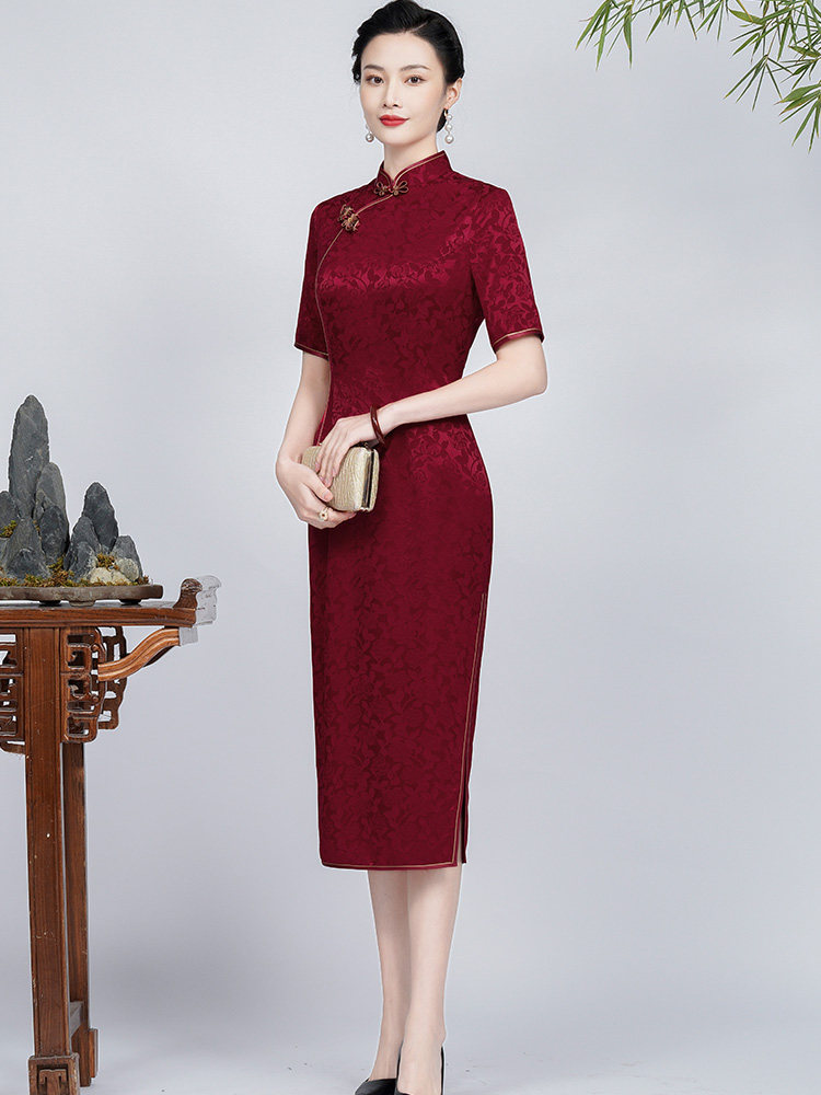 钱塘佳人红色高贵旗袍夏季喜婆婆喜妈妈礼服气质醋酸中长婚宴旗袍