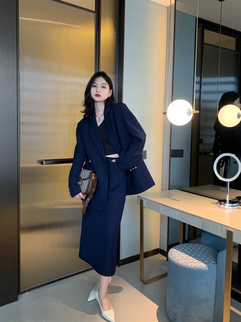 Fat mm large size Navy professional suit skirt suit