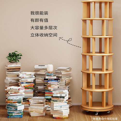 实木旋转书架360度书柜置物架落地一体靠墙可移动转角儿童小窄柜 - 图0