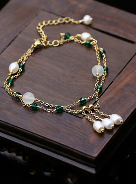 天然珍珠手链双层18k金水晶手串