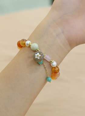 国潮天然珍珠水晶手链平安扣手串