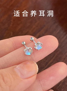 s925银圆形月光石拧扣螺丝耳钉女