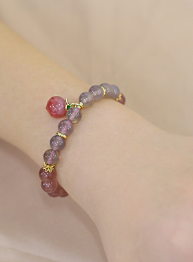 天然草莓晶圆珠手链盐源桃子手串