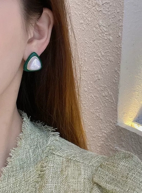 绿色三角形耳钉女s925银针高级感