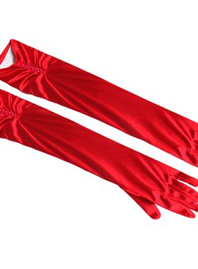新娘婚纱手套加长过肘手套双排缝珠色丁绸缎遮晒遮疤袖套Gloves