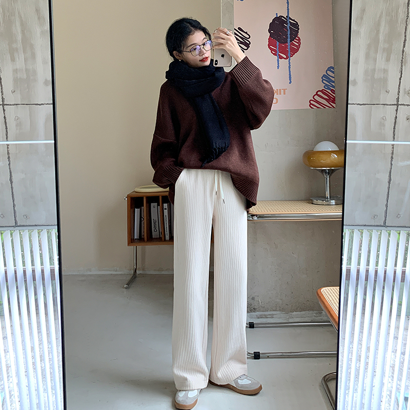 比丽福旗舰店白色灯芯绒裤子女春秋阔腿裤新款秋冬加绒宽松直筒显瘦休闲裤0