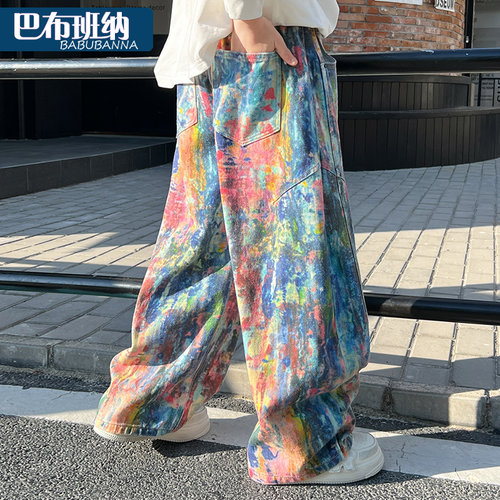 男童裤子春秋款2026新款儿童休闲裤春装大童宽松男孩涂鸦长裤潮酷 - 图1