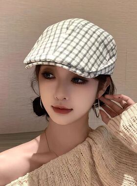 日系文艺小格子前进帽子女夏秋季