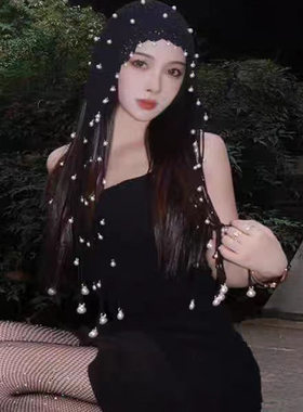 珍珠流苏镂空钩花针织帽女春秋薄