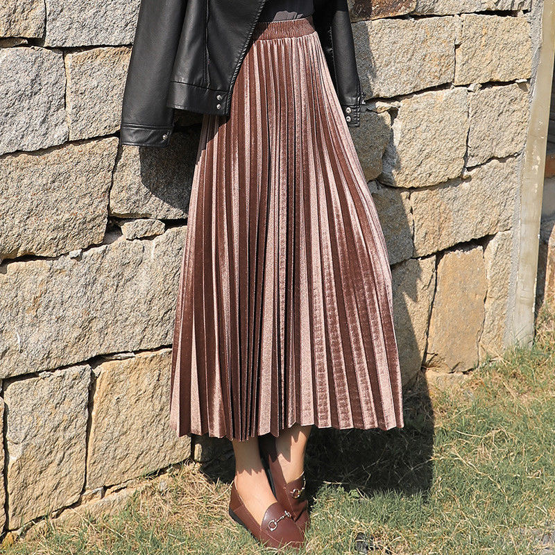 Gold Velvet Long Pleated Skirt Women's Fashion Fall Winter-图0