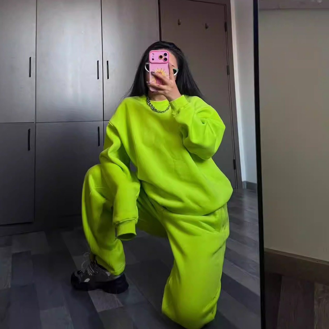 抓绒男女宽松荧光黄纯色圆领卫衣直筒卫裤松紧腰欧美嘻哈街头套装,淘宝优惠券,粉丝福利购,淘宝优惠卷