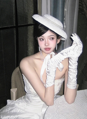 雪梦羊白色缎手套中长款礼服配饰