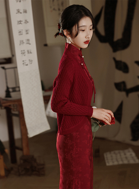 酒红色春夏外搭针织披肩
