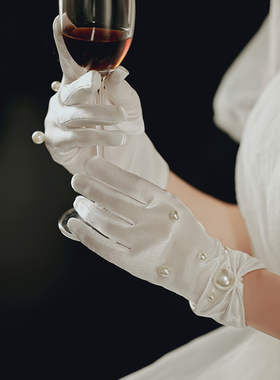 白色珍珠缎面手套主婚纱配饰礼服