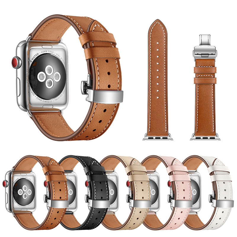 适用apple watch5表带 iwatch1/2/3/代手工真皮表带苹果手表表带男苹果series4小牛皮腕带运动40/38/42/44MM-图0