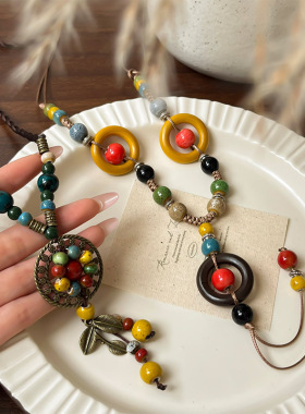 彩色陶瓷串珠编绳项链女2025新款