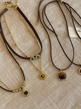 复古咖色虎眼石吊坠项链女高级感