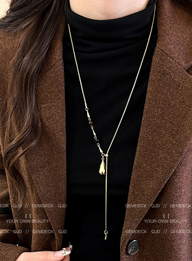 复古虎眼石流苏水滴吊坠项链女