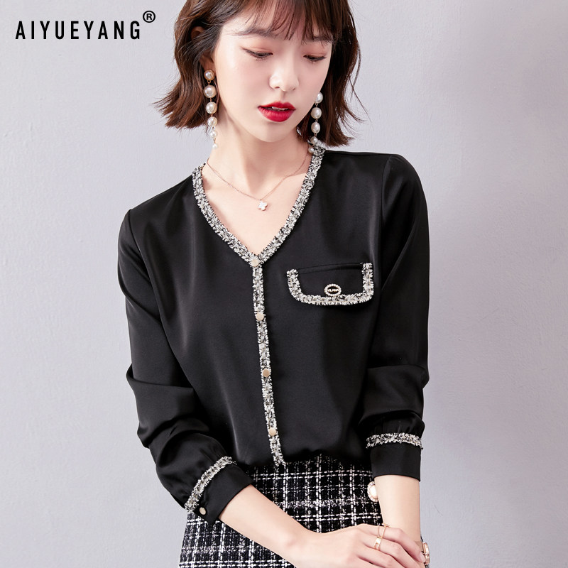 2020年秋装新款小香风醋酸缎面衬衣 艾悦炀蕾丝衫/雪纺衫