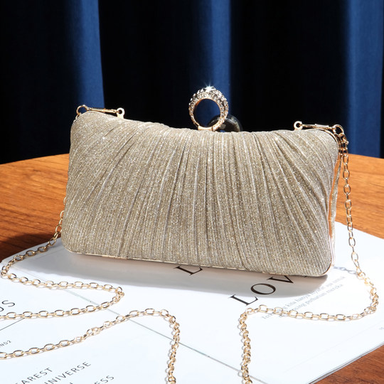 晚宴手拿包2025年新款戒指包大容量晚礼服手包褶皱细闪单肩斜挎包