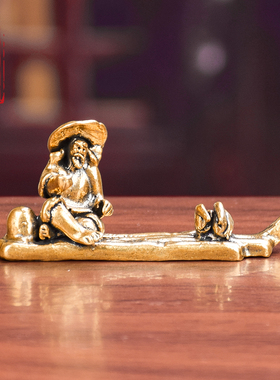 纯黄铜竹排香插竹筏孤舟老翁摆件