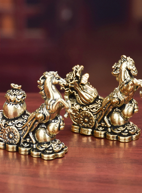 纯黄铜马拉元宝财车马上有钱摆件