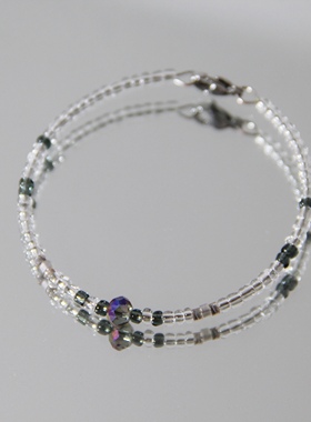 黑透灰米珠记忆钢圈三圈叠戴手链 原创手工手链