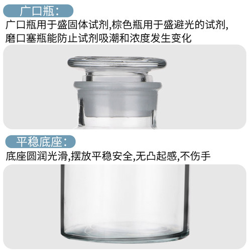 白色广口瓶 实验室实验器材茶色小口瓶 细口瓶磨砂大口瓶棕色玻璃试剂瓶60 125 250 500ml加厚磨砂口透明密封 - 图1