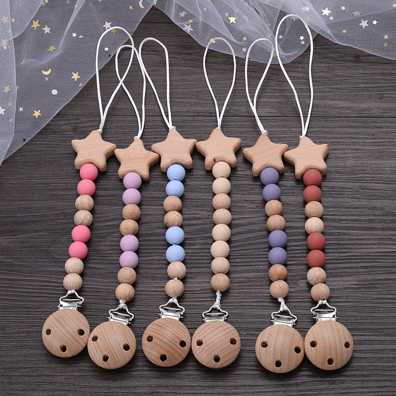 Beech Wood Chew Bead Pacifier Clips Chain Pentagram Dummy Ch - 图0