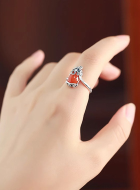 复古做旧浮雕招财貔貅铜钱戒指女新中式国风烧蓝开口指环高级感